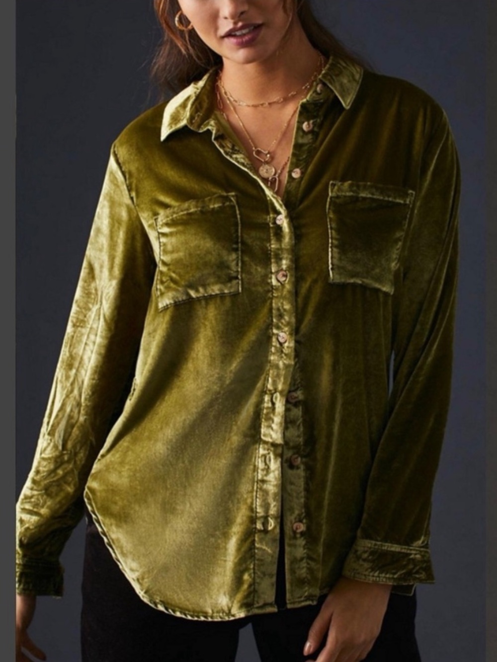 Anthropologie by Pilcro Hadley Relaxed Velvet Sage Buttondown Shirt size Small